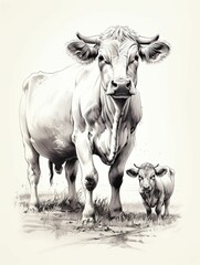 Black and White Pencil Drawing of a Cow and Calf