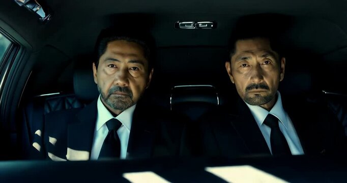 Members of the Japanese mafia Yakuza are seated in the back seat of a car, both gazing directly at the camera