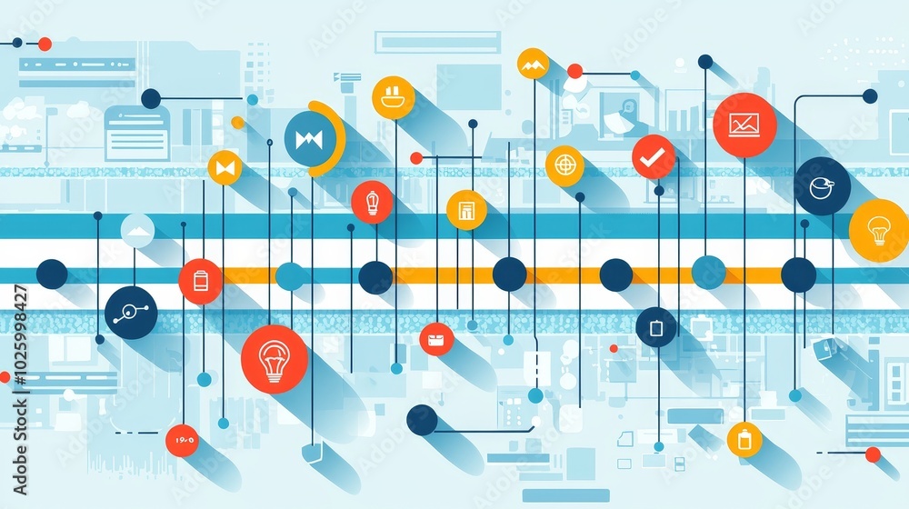 Poster flat project timeline design with colorful icons