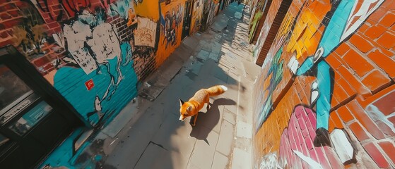 Fototapeta premium Wide-angle drone shot of a playful fox navigating an urban alleyway, vibrant street art in the background, surreal light