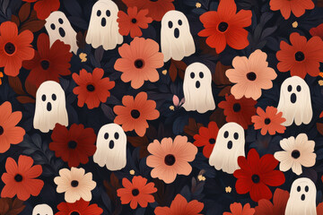 Fototapeta premium Playful Halloween pattern with white ghosts and orange flowers on dark background