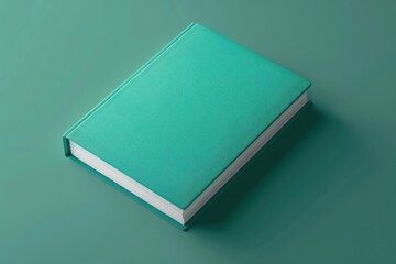 A teal hardcover book resting on a green background