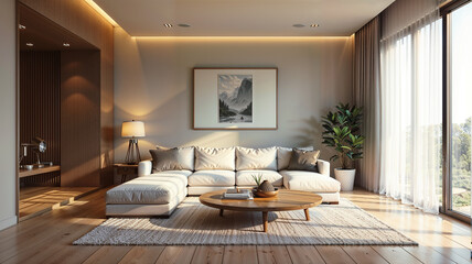 Fototapeta premium Interior of modern living room with brown walls, wooden floor, comfortable sofa and coffee table. 3d rendering