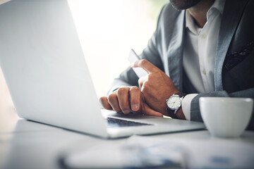 Hands, typing and person with laptop, office and research for evidence, coffee or human rights...