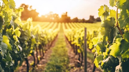 Fototapeta premium Grapevine Rows in a Vineyard with Sunlight Filtering Through the Leaves