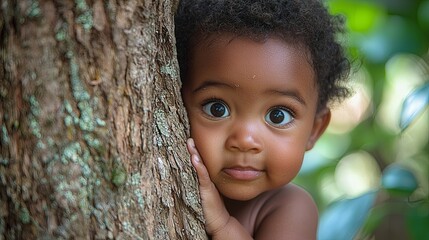 Toddler Playing Peek-a-Boo Behind a Tree