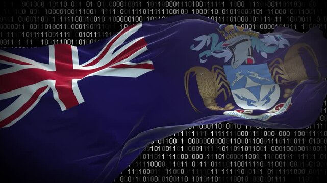Binary code on flag of Tristan da Cunha. Program source code or Hacker concept on Tristan da Cunha flag. Tristan da Cunha digital technology security, hacking or programming