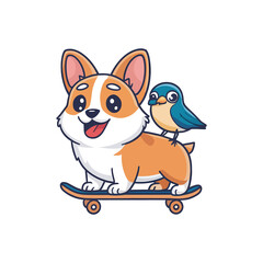 Cute Cartoon adorable Corgi with skateboard and bird isolated on a white background, different poses, vector illustration 