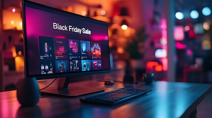 A wide-angle view of a desktop screen displaying an online shopping site with Black Friday promotions, large "Black Friday Sale" banner at the top,