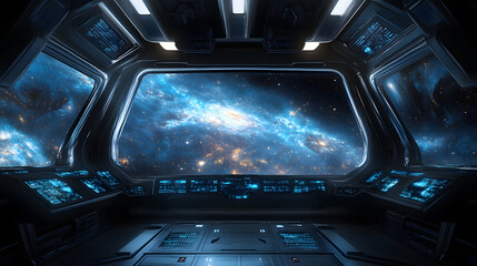 A space shuttle cockpit with a blue background and a view of the stars