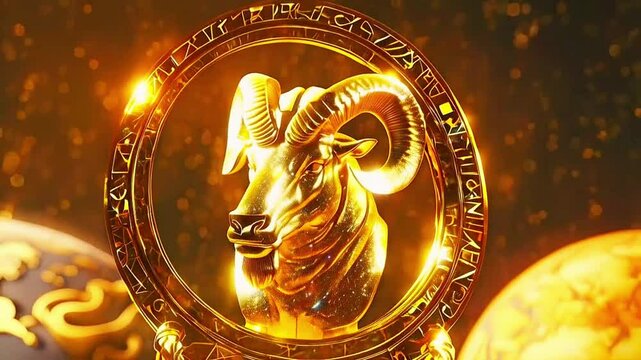 Animated chiron zodiac horoscope symbol and planet. 3D rendering 4K. 3D rendering animation of a brilliant gold Chiron zodiac horoscope symbol. An astrology sign on the foreground and the planet globe