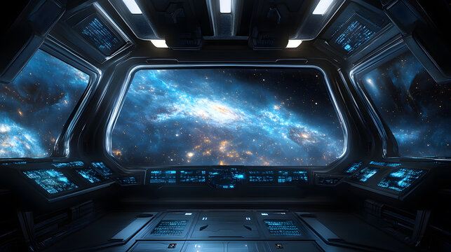 A space shuttle cockpit with a blue background and a view of the stars