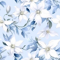 Fototapeta premium Elegant white flowers with green leaves on a deep blue backdrop for a sophisticated look.
