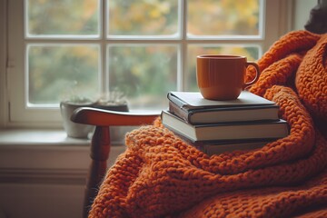 A cozy scene featuring a roaring fireplace with a mantle decorated with non-holiday elements, and a comfortable armchair with a plaid blanket
