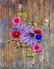 watercolor illustration painting of leaves and flower with painted wood background