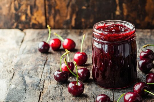 A jar of cherry jam sits on a rustic wooden surface, surrounded by fresh cherries, showcasing a delicious homemade treat.