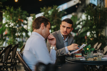 Two businesspeople having a meeting, analyzing sales and marketing strategies. They are discussing reports and business growth in an outdoor setting.