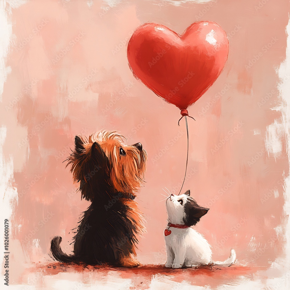 Poster valentines day card featuring cute dog and cat with a heartshaped balloon set on a soft pink backgro