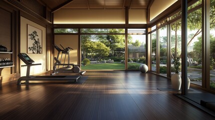 Obraz premium A modern Asian-inspired home gym with sleek