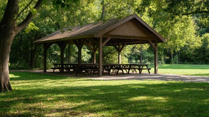 Wooden Picnic Shelter in a Green Park