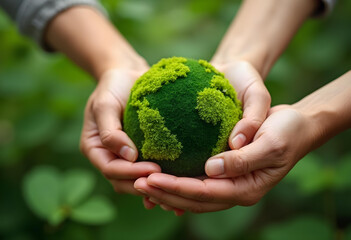 Caring hands hold green globe symbolizing environmental protection and sustainability. This...