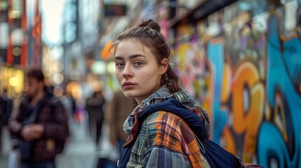 Fototapeta premium A young woman stands against vibrant street art, showcasing her unique style and thoughtful expression in an urban setting.