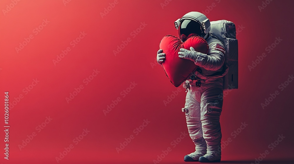 Poster astronaut in a space suit gently hugging a large soft red valentine heart against a minimalistic red