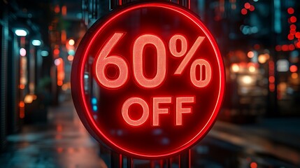 Bright red discount percentage "60% OFF" in bold typography, set against a dark black background, soft red glow around the letters, vivid colors, clean and minimalist design, sharp focus on text,