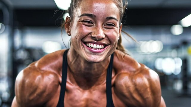 Young female bodybuilder smiling with joy, blurred gym backdrop