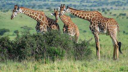 Obraz premium Four giraffes grazing in a green savanna environment.