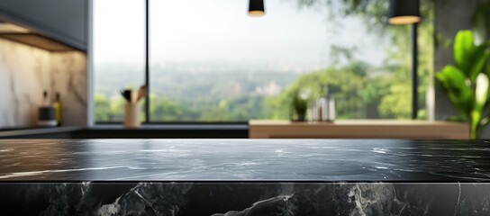 Black marble table top with a blurred modern kitchen interior background