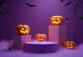 Spooky Halloween themed display featuring glowing jack o lanterns on pedestals, surrounded by mist and bats, creating eerie atmosphere perfect for season