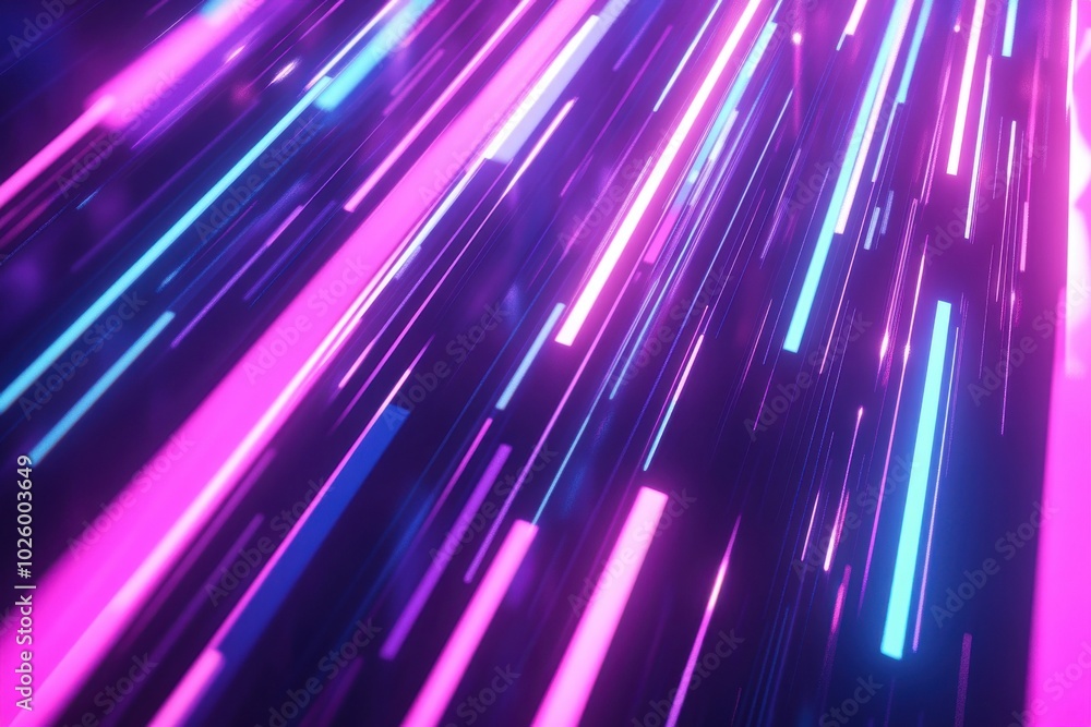 Poster ongoing 2d animation showcasing glowing lines moving across the screen. bright purple and blue futur