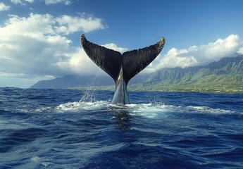 Humpback whale's tail emerging from crystal-clear waters near Hawaiian coastline