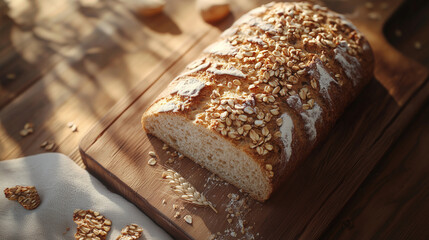 Fresh bread with seeds and grains on the crust, sliced on a wooden board. Warm sunlight highlights the texture of the bread, creating a cozy atmosphere
