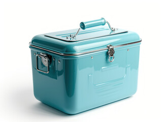 Blue lunch box with handle on checkered picnic blanket beside a sandwich and an apple, under a sunny sky with trees in the background.