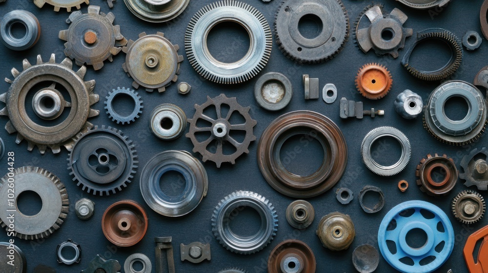 Poster assorted metal gears and components on a dark background