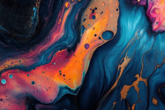 Lush patterns of bold tones, curving metallic stripes, and effervescent dabs of color characterize this organic luxe abstract fluid art created with liquid ink techniques