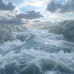 Ocean waves crashing against rocks under a cloudy sky.