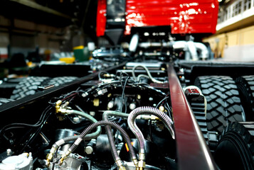 Truck production line. Assembly line. Engine install on frame of Wheel chassis of Heavy duty truck...