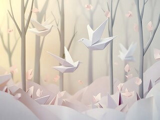Origami birds flying in a serene, pastel forest scenery.
