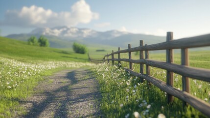 Obraz premium A Rustic Wooden Fence Beside a Dirt Path Leading to a Mountainous Meadow