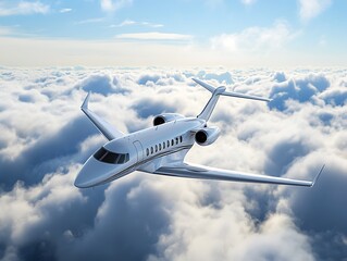 Obraz premium Private jet flying over fluffy clouds in a clear blue sky.