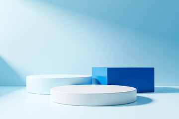 3 step blue podium on blue background, minimal concept,  showcase for product. 3D render