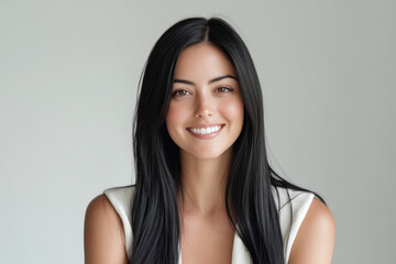 Obraz premium Woman with long black hair in a white top standing on a beach, windswept hair, waves crashing in the background, under a cloudy sky.
