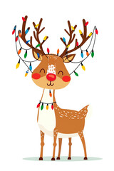 Cute cartoon deer with a garland of lights on his horns on a white background. New Year and Christmas concept.