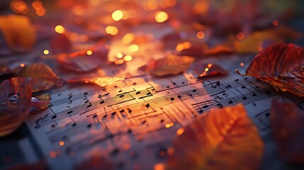 Fototapeta na wymiar Sheet music surrounded by autumn leaves and soft glowing lights.