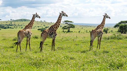 Obraz premium Three giraffes standing in a lush green savannah landscape.