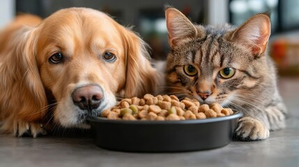 A golden retriever and a tabby cat lying down together, sharing a bowl of pet food, showcasing harmony and companionship in a cozy home setting.