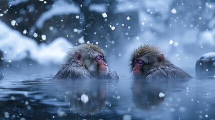 Naklejka premium Two monkeys relaxing in a snowy hot spring pool.